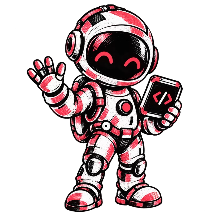 A cheerful coral, black, and white robot astronaut holding a code panel